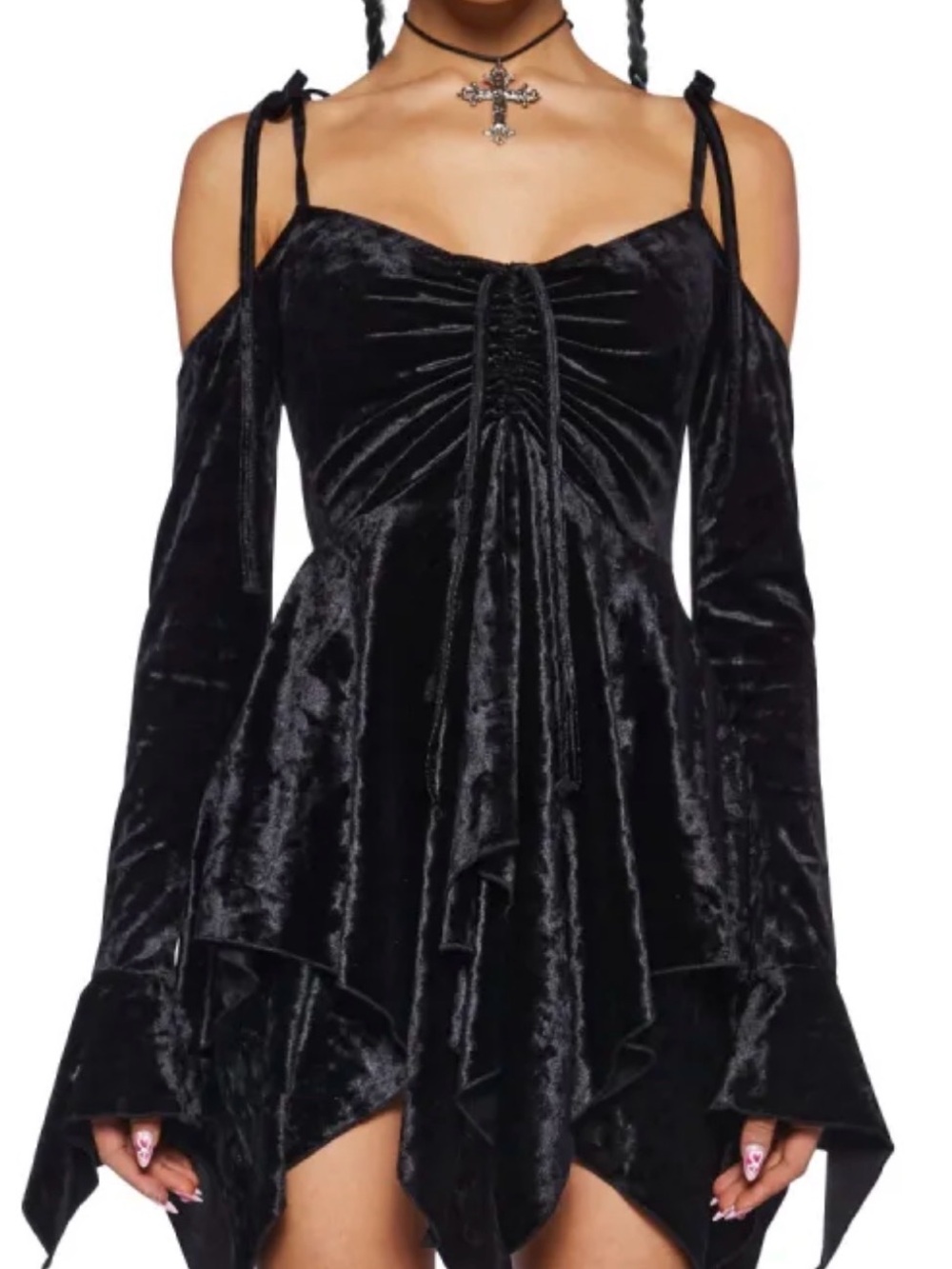 Current Mood Black Velvet Cold-Shoulder Handkerchief Dress NWT